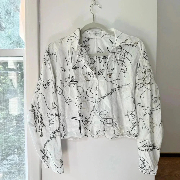 Aritzia Babaton Martin Blouse Top Printed Embroidered White Long Sleeve - Picture 1 of 9